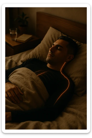 A cinematic close-up of a man in his early 30s sleeping peacefully on his back in a softly lit bedroom. His breathing is calm, chest rising slowly. The sheets are slightly crumpled, natural linen textures in warm beige tones. His face is relaxed, with faint light illuminating the side of his cheek and temple from a nearby window. Around his body, faint glowing lines follow the spine and head, symbolizing deep nervous system recovery and hormonal balance. On the nightstand: a glass of water, a book, and no electronics. The room is quiet and grounded, with natural elements like a small plant and a wooden headboard. Shot in 35mm cinematic style, with warm ambient tones, shallow depth of field, and a peaceful, healing atmosphere sticker