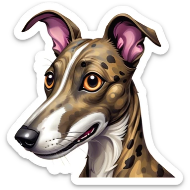 Cinematic Comical Brindle Greyhound Portrait Emoji, Head tilted dramatically with an exaggeratedly amused expression, featuring a striking brindle Fur with bold patterns, wide, expressive eyes filled with playful disbelief, Simplified yet hilariously expressive features, highly detailed, glowing with a slightly sassy glow, high shine, dramatic yet playful, stylized with an air of cheeky mischief, bright and endearing, soft glowing outline, capturing the essence of a spirited and over-the-top racer, so meme-worthy it feels like it could side-eye its way into internet fame instantly! sticker