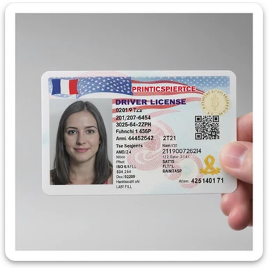A realistic driver's license with a photo, text, and holograms. sticker