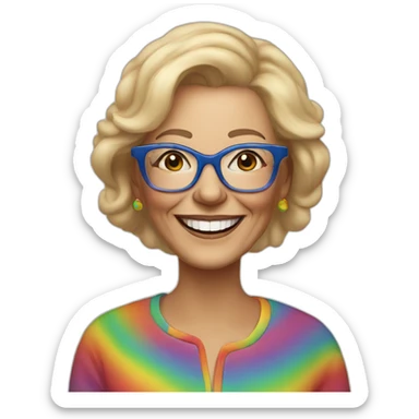 sixty year old woman, blonde hair, frame glasses, hand painted clothes, rainbow, smile sticker