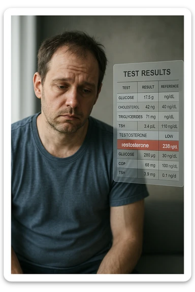 Un uomo caucasico di 35-45 anni, in CGI fotorealistico, che mostra i segni fisici ed emotivi di un basso livello di testosterone. aggiungere un referto medico semi-trasparente fluttuante accanto a lui, con valori di testosterone evidenziati in rosso. sticker
