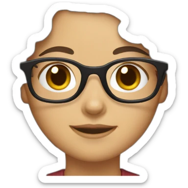 girl with short shoulder-length hair, brown with some gray hair, curly hair, red maroon glasses sticker