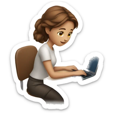 white skinned girl with brown hair working in laptop and writing sticker