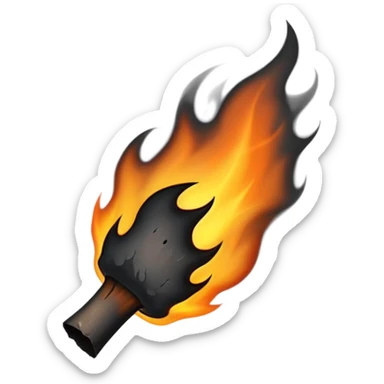 A partially burnt object with blackened, charred edges and smoke marks. Some areas still glowing faintly or releasing thin wisps of smoke, showing recent exposure to fire sticker