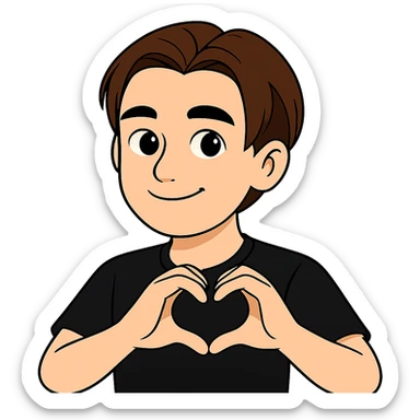 Edit the image of the boy to show him making a heart shape with both hands, smiling, wearing a black shirt. Keep the face and style as in the original image. sticker