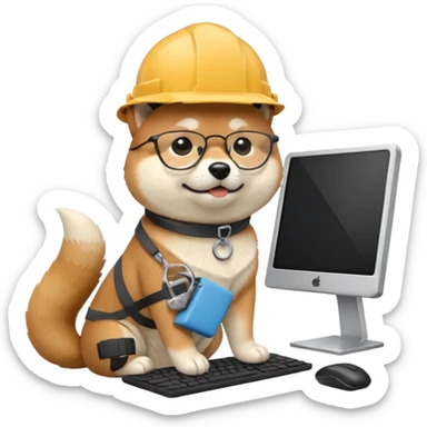 shiba inu with eye glasses and computer wearing a hard hat sticker