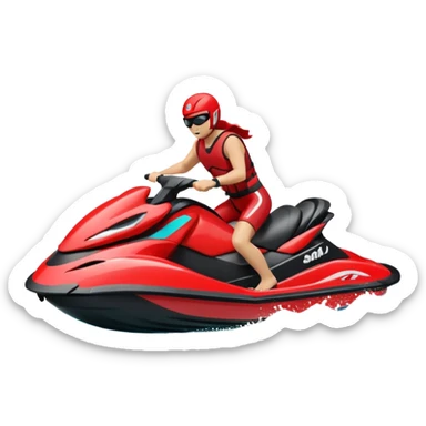 jet ski (red black and white all in the same amount. maybe a red a bit more dominant) on the sea. show the sea under the jet ski - blue with turquoise. no sky - white background instead. DO NOT REMOVE THE SEA AND THE WHITE WHEN FINALIZING!  sticker