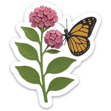 very detailed milkweed plant with a monarch butterfly, intricate cut paper textures, green leaves, pink and purple flower clusters, realistic orange and black butterfly sticker