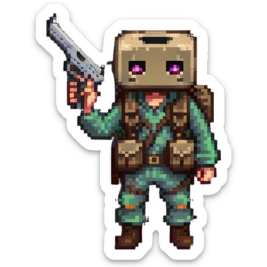 cartoon character with bag on head holding a gun full body sticker