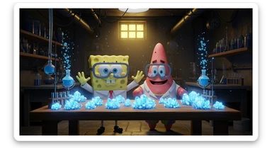 3D cienmatic cartoon shot, spongebob and patric dress in safety glasses and safe white outfit, the are standing front of table with blue crystals on table glowing (light source) science room in basement, back light, Cinema 4d render, proffesional lightning sticker