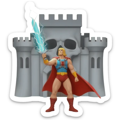 He-man in red cape holding up sword with power color shooting from sword towards sky in front of a large skull shaped gray castle sticker