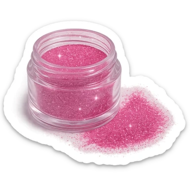 open jar of pink glittery powder, some powder spilled, sparkles, cosmetic product, no background sticker