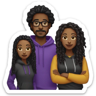 young with mustache Black digital creator with glasses and black locs and purple sweatshirt holding two black women sticker