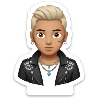 a rockstar wearing necklace, leather jacket, having tattoo sticker