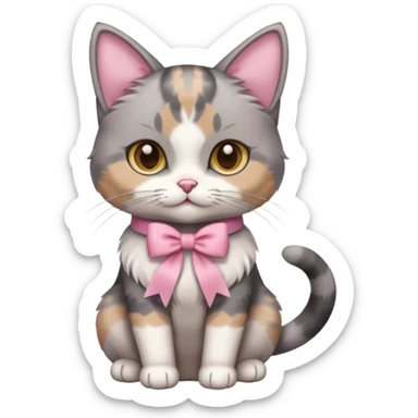 Sitting Dilute grey calico cat with pink ribbon sticker