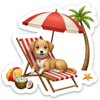 a dog laied on a beach chair, a sunny beach, a sun umbrella, and beach coconut trees. the icon should capture the essence of a relaxing beach vacation with a carefree atmosphere sticker
