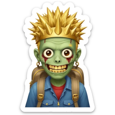 Zombie portrait with spikey hair, smirking with gold teeth, Astor’s hat, and a backpack sticker