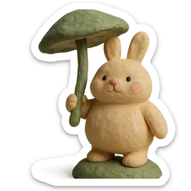 chubby bunny holding a mushroom umbrella, pastel beige and moss green, claymation style sticker