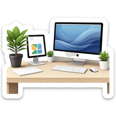Clean and organized workspace desk with a computer monitor and a small potted plant, minimal clutter, organized office supplies sticker