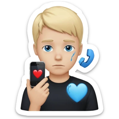 white boy with blonde hair and blue streaks wearing black shirt with blue eyes with broken heart phone head sticker