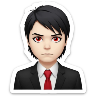 Gerard Way (Revenge Era)
Round, simplified emoji style
Pale skin tone
Jet-black, shoulder-length hair messy and emo
Heavy eyeliner and slight red shadow under the eyes
Subtle serious
Hint of red tie visible on black button up shirt.
Transparent background. Black eyeliner. Messy emo hair sticker