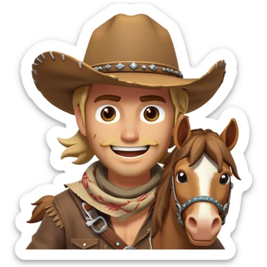 clash-of-clans-aesthetic_-cinematic-playful-cowboy-portrait-emoji, head-tilted with a roguish, cheeky grin and twinkling eyes, featuring a rugged, spirited build with a wide-brimmed cowboy hat and a weathered bandana on tan skin, riding a powerful galloping horse with dynamic flowing mane, reins gripped firmly in one hand and a lasso in the other, as dust swirls behind them in a vast desert landscape. sticker