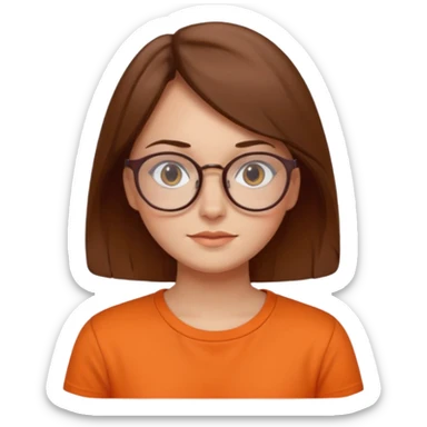 brown hair woman with round glasses orange shirt no smile sticker