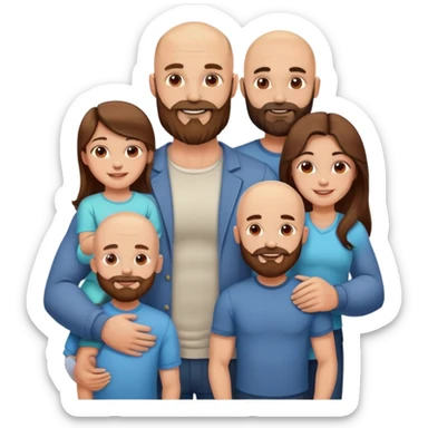 Happy Muscular Bald beard man and his hot wife with long brown hair and 3 sons sticker