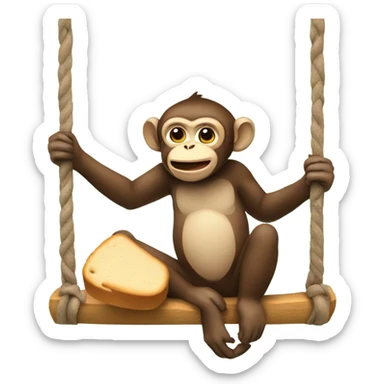 Monkey sitting on a swing eating a loaf of bread sticker