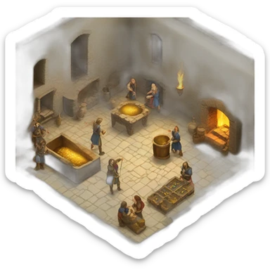 open floor plan of a medieval mint showing different people working, one person on the furnace, some people molding liquid gold into coins sticker