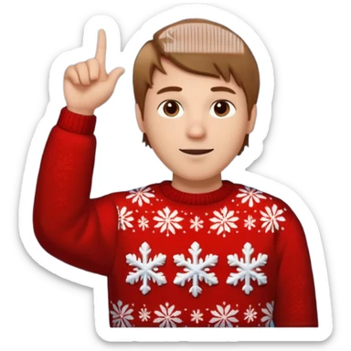 A guy pointing up with one hand and he has a christmas sweater with snowflakes in it. He has brown light hair. sticker