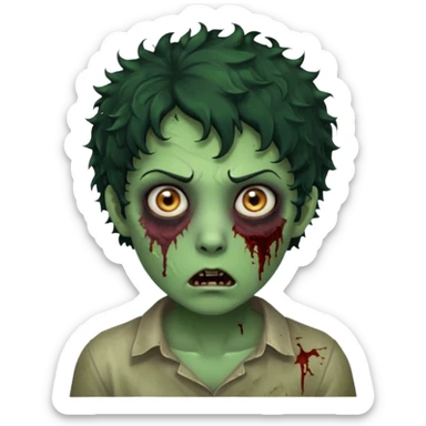 zombie character with green skin, messy short curly black hair, and no glasses. Give him large expressive eyes, a slightly frightened or eerie expression, subtle wounds, dark under-eye shadows, and a few cracks or dried blood marks on the face.  sticker