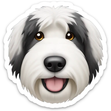 Old English sheepdog with a half and half face like a black (left) and white (right) cookie sticker