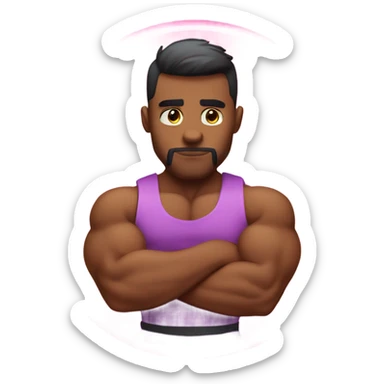 pink colored circle emoji guy with serious face and buff arms flexing biceps sticker