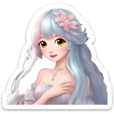 Dreamy pretty elegant kawaii shiny blushing shy anime pastel lady kawaii beautiful hair naturecore fairycore cottagecore jewels trending aesthetic full body sticker