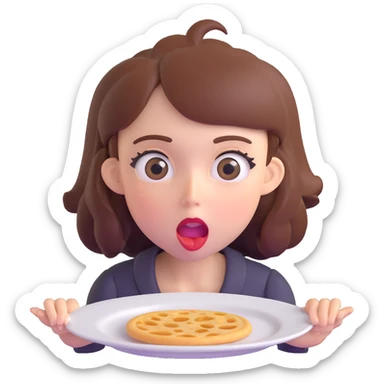 hungry woman with big eyes, open mouth, and empty plate in front of her sticker