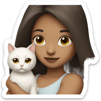 Dark brown straight hair girl holding fluffy white cat  sticker