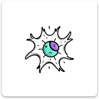 hand-drawn anatomical neuron illustration with blue cell body (soma), purple dendrites, long green axon with myelin sheath, surrounded by a glowing shield-like aura, detailed scientific doodle style sticker