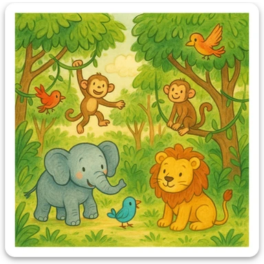hand drawn digital illustration of jungle safari in the style of children's illustration sticker