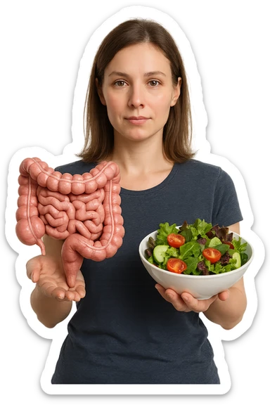 DONNA CON INTESTINO UMANO ANATOMICO CON INSALATA IN MANO, iperrealistico 4k, SFONDO BIANCO sticker