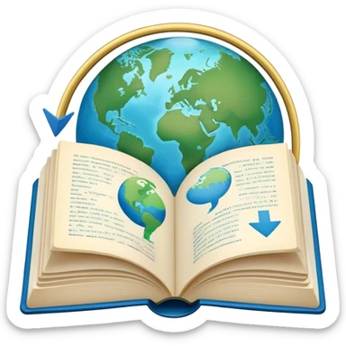 Create an emoji representing language translation. The design should feature an open book or a document with text in multiple languages (e.g., English, Spanish, Chinese), and a translation icon (such as an arrow between two languages) to symbolize the process of converting text. Include elements like a globe or a speech bubble to represent global communication. Use clear, simple lines and a color palette with blues, greens, and subtle neutral tones to convey the idea of clarity and understanding. Make the background transparent. sticker