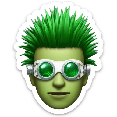 Green Mohawk hair male cyborg head with white steampunk goggles and circuits sticker