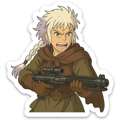 1 FEMALE, GOLD YELLOW EYES, WHITE HAIR LAVENDER TIPS, MESSY LOCKS BANGS MOHAWK, LONG BRAID, MERCENARY GARB, HOLDING A STORMTROOPER'S E11 BLASTER RIFLE, BRANDISHING, FURIOUS GLARE, GRITTING TEETH sticker