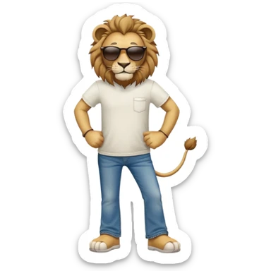 anthropomorphised lion in t-shirt and jeans with sunglasses walking upright, relaxed pose sticker