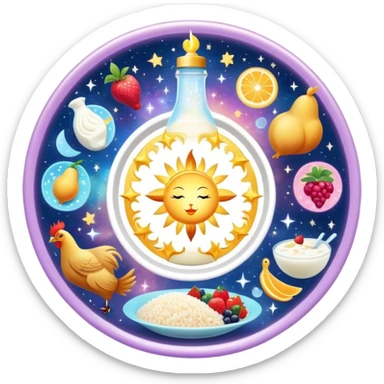 Magical daily fitness nutrition schedule with ethereal water bottle, celestial sun, enchanted chicken and rice plate, mystical gym equipment, glowing yogurt, sparkling fruits, and dreamy sleep symbol, all arranged in a cosmic circle with starry aura sticker