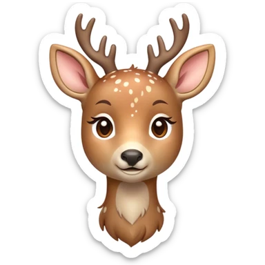 Cinematic Cute Deer Portrait Emoji, Head tilted playfully and inquisitively, showcasing a delicate coat speckled with subtle white spots and gentle earth tones, round, sparkling eyes filled with curious wonder, Simplified yet irresistibly adorable features, highly detailed, glowing with a warm, friendly glow, high shine, affectionate and graceful, stylized with a touch of woodland whimsy, bright and endearing, soft glowing outline, capturing the essence of a mischievous yet loving fawn, so playful it feels like it could skip out of the screen into your arms! sticker