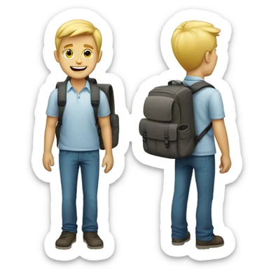 A blonde guy with a backpack first day at new job sticker