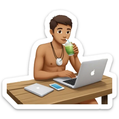 A digital nomad sits at a rustic open-air café in Bali, working on a sleek laptop while sipping coconut water sticker