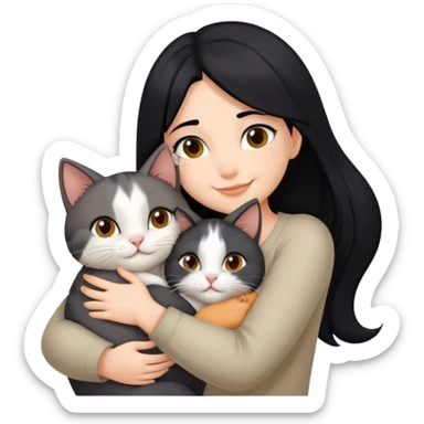 happy girl with black hair hugging three cats  (carey cat, gray cat, brown calico cat) sticker