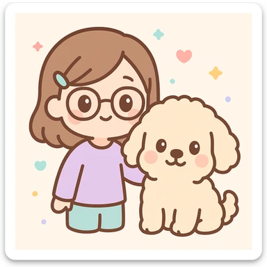 chibi style brunette female with glasses and her cream colored goldendoodle sticker
